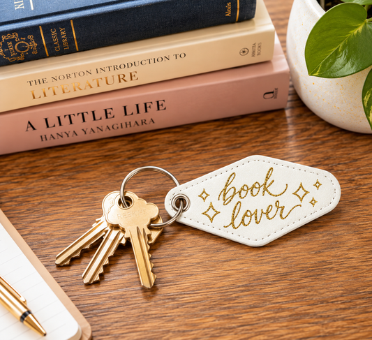 "Book Lover" Leatherette Keychain - White